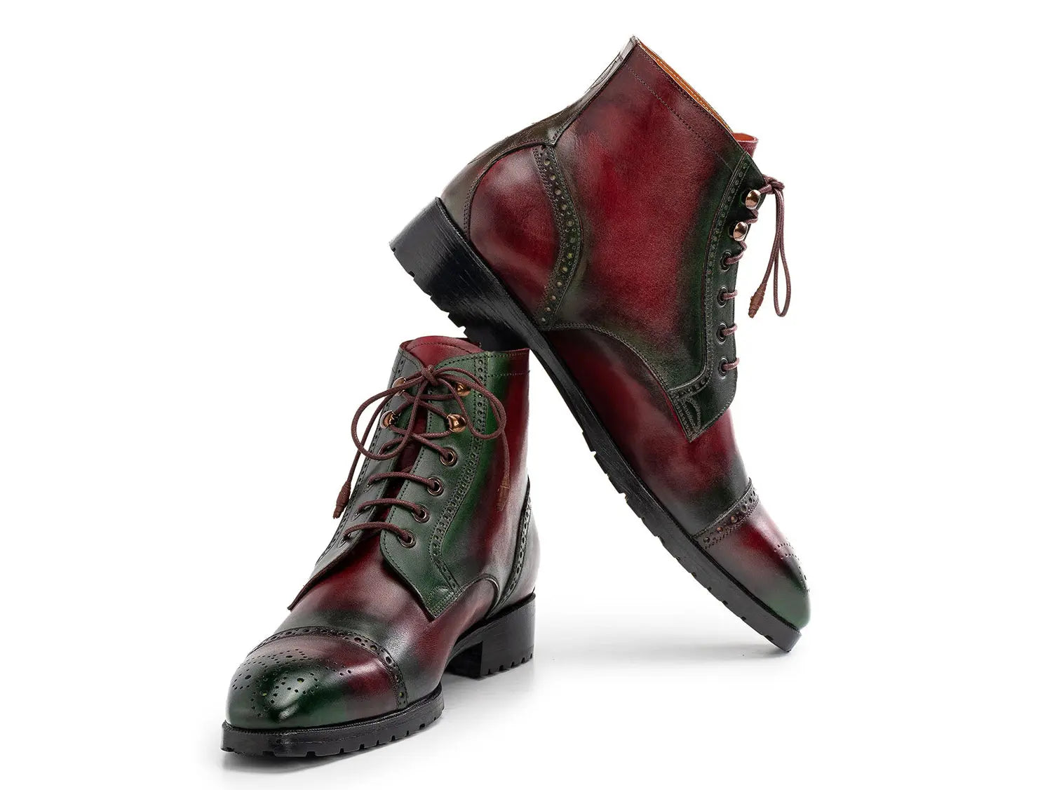 Paul Parkman Men's Green/Brown Hand-Painted Genuine Leather Cap Toe Boots (ID#BT9566-BRG) PAUL PARKMAN