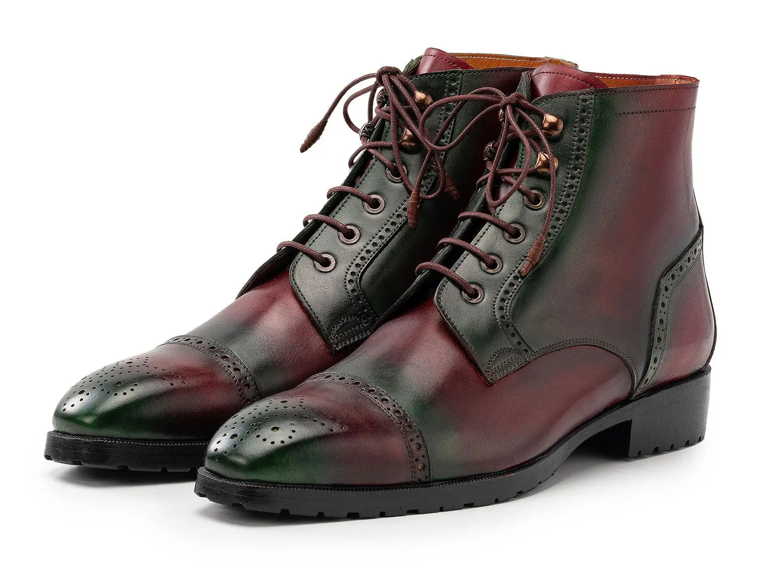 Paul Parkman Men's Green/Brown Hand-Painted Genuine Leather Cap Toe Boots (ID#BT9566-BRG) PAUL PARKMAN