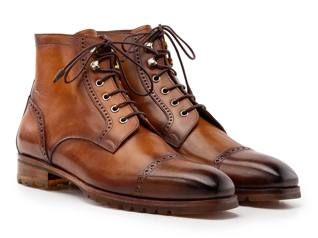 Paul Parkman Men's Brown Burnished Hand-Painted Genuine Leather Cap Toe Boots (ID#BT9566-BRW) PAUL PARKMAN