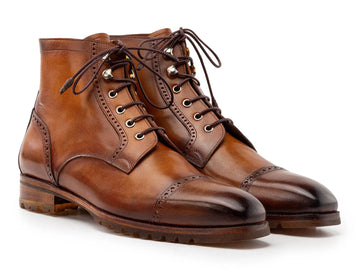 Paul Parkman Men's Brown Burnished Hand-Painted Genuine Leather Cap Toe Boots (ID#BT9566-BRW) PAUL PARKMAN