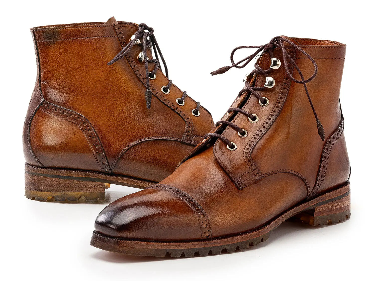 Paul Parkman Men's Brown Burnished Hand-Painted Genuine Leather Cap Toe Boots (ID#BT9566-BRW) PAUL PARKMAN