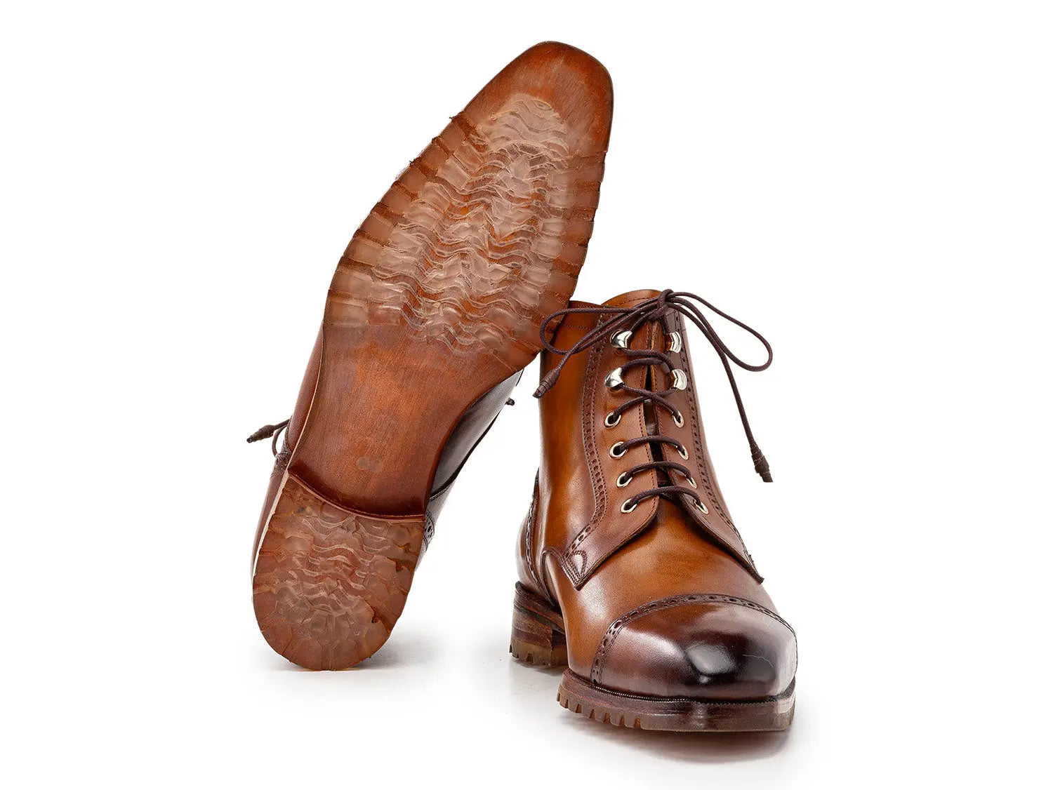 Paul Parkman Men's Brown Burnished Hand-Painted Genuine Leather Cap Toe Boots (ID#BT9566-BRW) PAUL PARKMAN