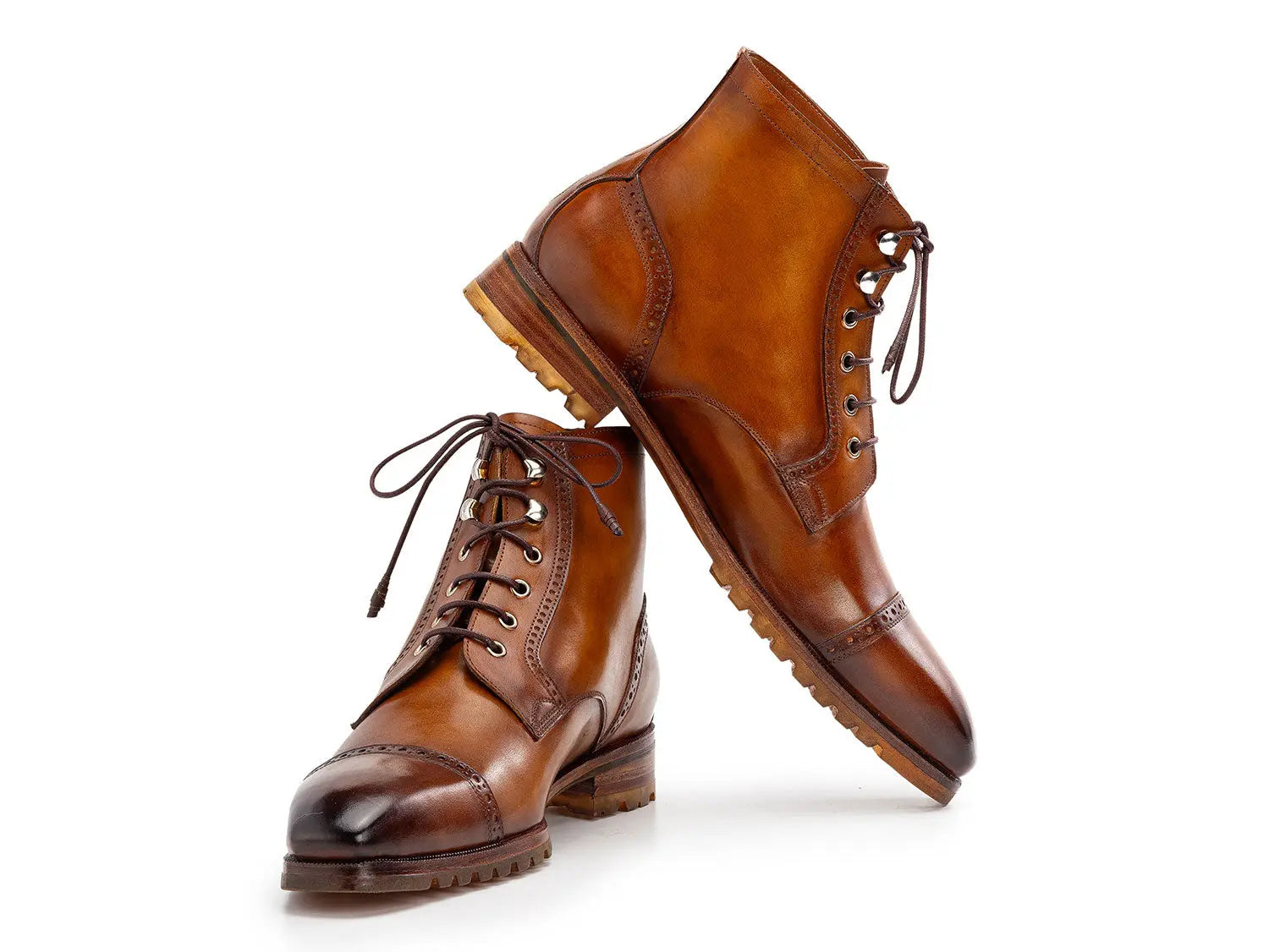 Paul Parkman Men's Brown Burnished Hand-Painted Genuine Leather Cap Toe Boots (ID#BT9566-BRW) PAUL PARKMAN