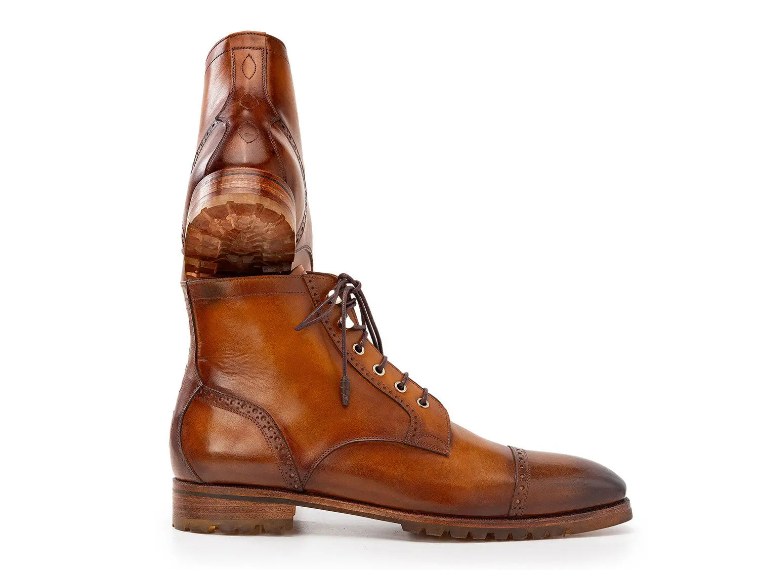 Paul Parkman Men's Brown Burnished Hand-Painted Genuine Leather Cap Toe Boots (ID#BT9566-BRW) PAUL PARKMAN