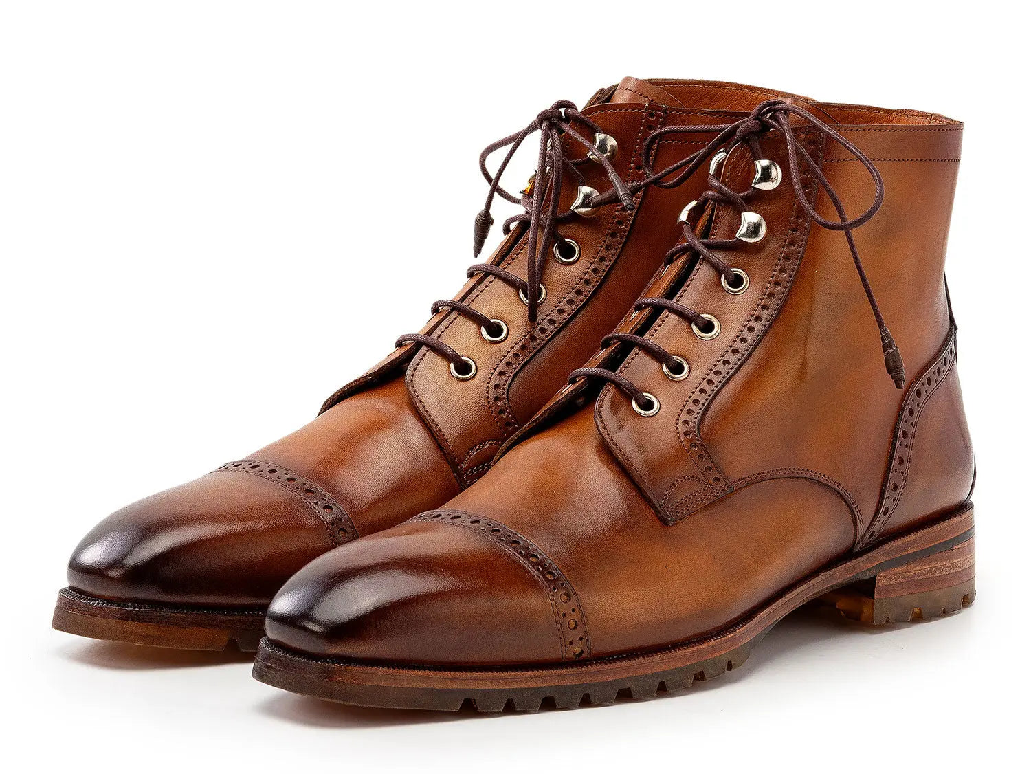 Paul Parkman Men's Brown Burnished Hand-Painted Genuine Leather Cap Toe Boots (ID#BT9566-BRW) PAUL PARKMAN