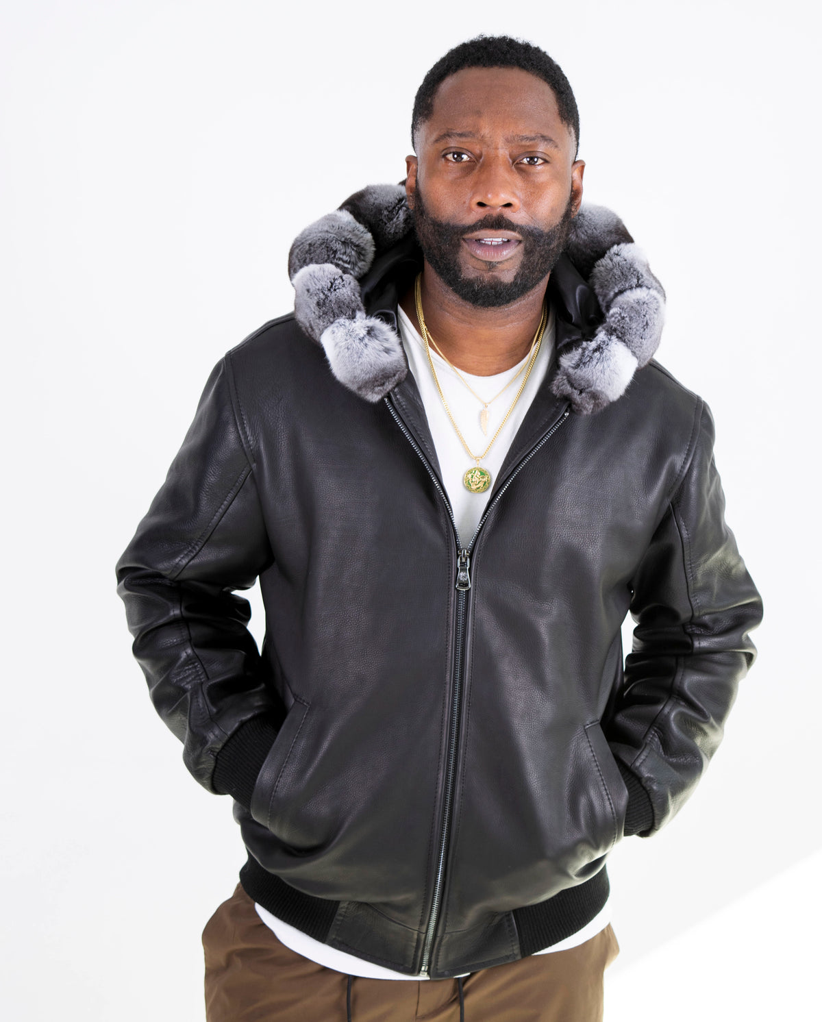 Jakewood 3400 Black Genuine Lambskin Leather/Rex Rabbit Bomber Jacket