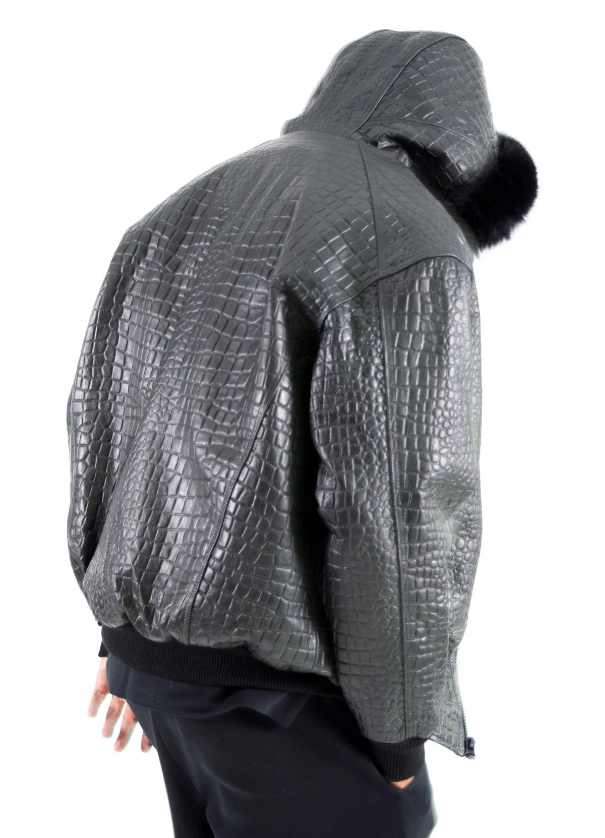 Jakewood 2266H Black Genuine Embossed Leather/Fox Fur Hood Bomber Jacket