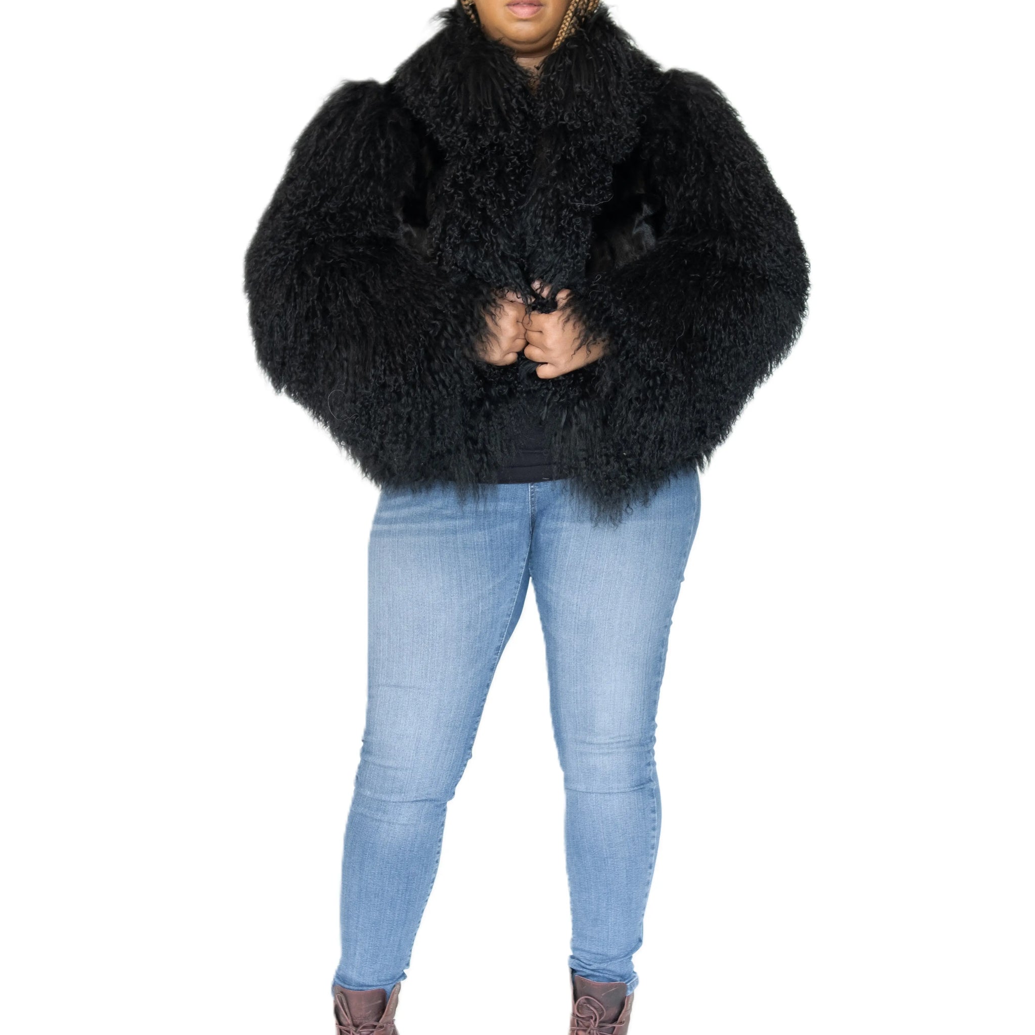 Verona Women's W49S01 Black Genuine Mink/Mongolian Lamb Fur Coat