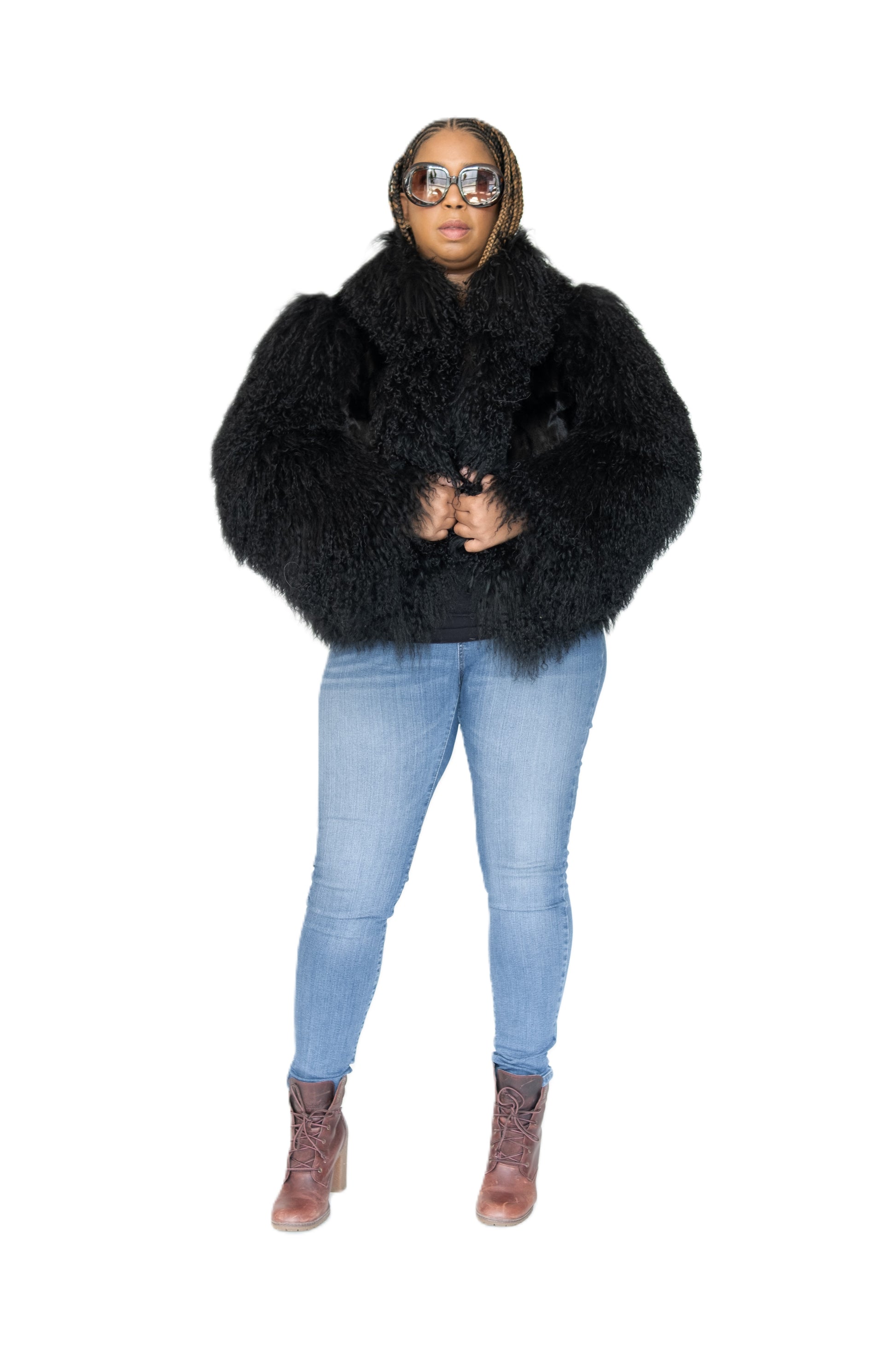 Verona Women's W49S01 Black Genuine Mink/Mongolian Lamb Fur Coat