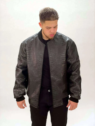 Jakewood 2270 Black Genuine Embossed Leather Baseball Jacket