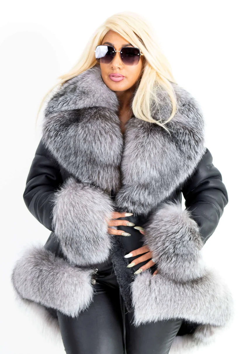 Jakewood 1016 Ladies Black/Silver Genuine Sheepskin/Fox 3/4 Length Jacket