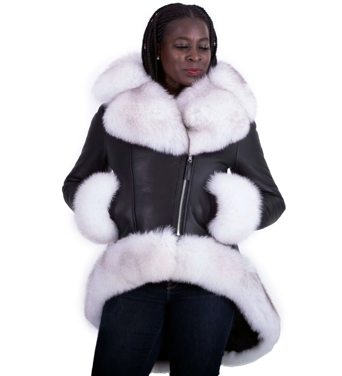 Jakewood 1006 Ladies Black/White Genuine Fox/Leather High-Low Jacket