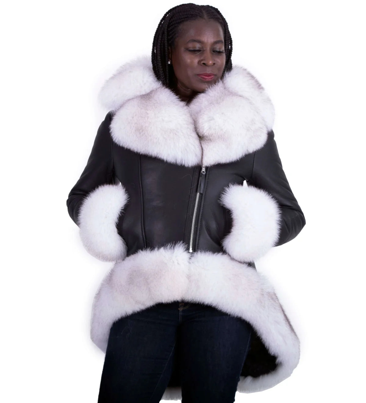 Jakewood 1006 Ladies Black/White Genuine Fox/Leather High-Low Jacket