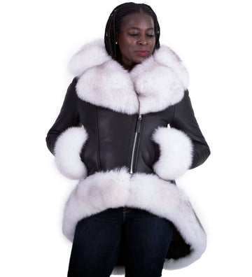 Jakewood 1006 Ladies Black/White Genuine Fox/Leather High-Low Jacket