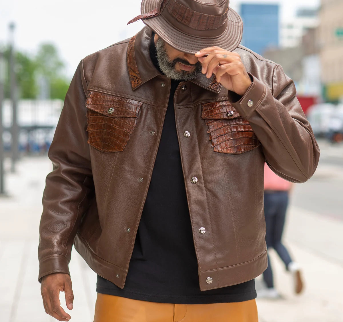 Jakewood 3065 Brown Genuine Alligator/Leather Denim Style Jacket