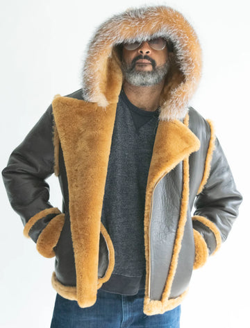 Jakewood 3910 Brown/Mustard Genuine Sheepskin/Fox Fur Motorcycle Jacket