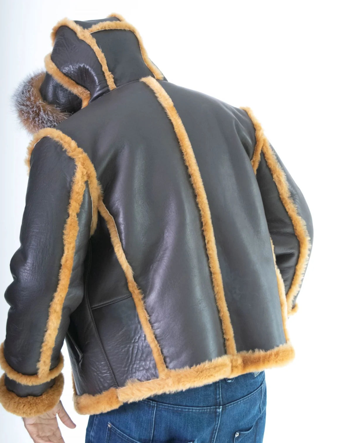 Jakewood 3910 Brown/Mustard Genuine Sheepskin/Fox Fur Motorcycle Jacket