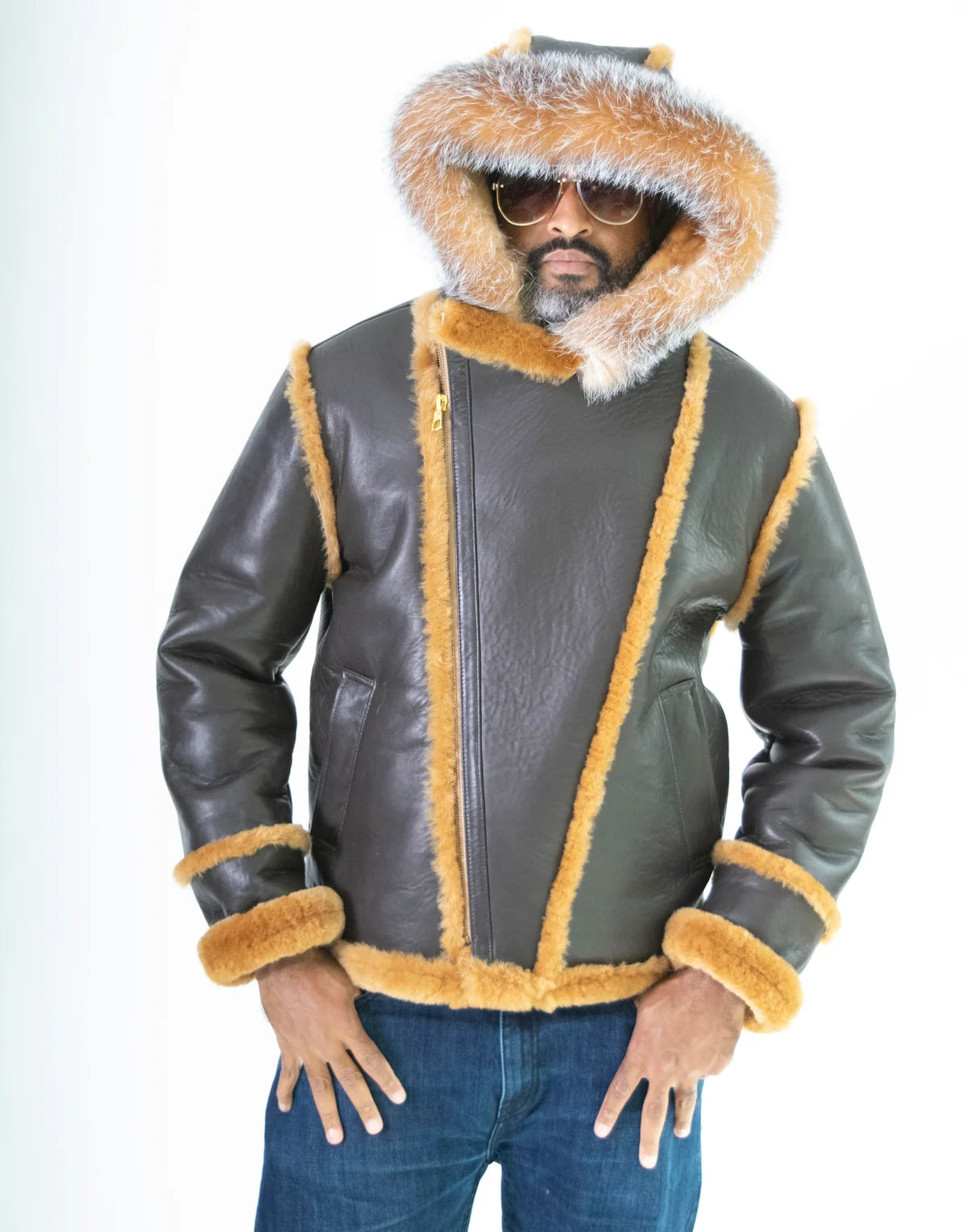 Jakewood 3910 Brown/Mustard Genuine Sheepskin/Fox Fur Motorcycle Jacket