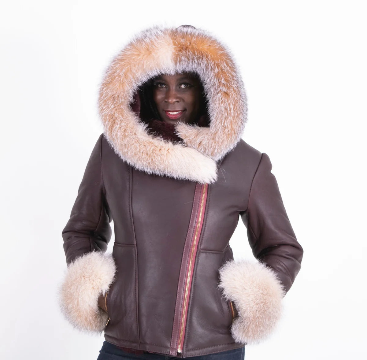 Jakewood 1069 Ladies Burgundy Genuine Fox Fur/Sheepskin Leather Jacket