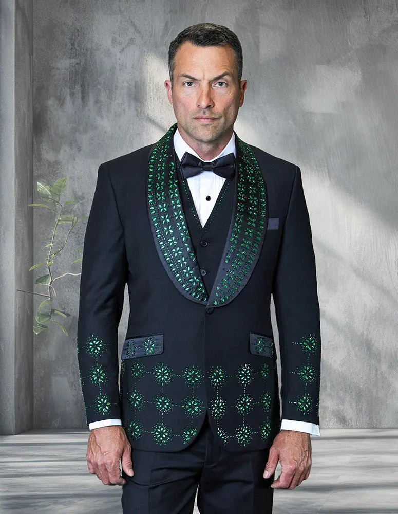 Statement Cavali Black/Green Rhinestone Vested Tuxedo