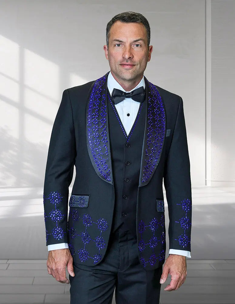 Statement Cavali Black/Royal Rhinestone Vested Tuxedo