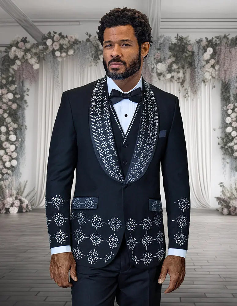 Statement Cavali Black/White Rhinestone Vested Tuxedo