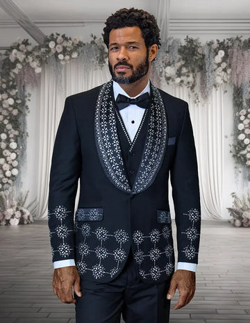 Statement Cavali Black/White Rhinestone Vested Tuxedo