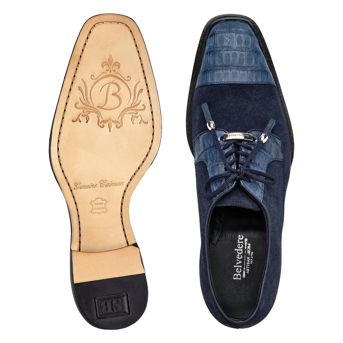 Belvedere Capitano R103 Navy Genuine Oiled Caiman Crocodile/Italian Suede Oxfords
