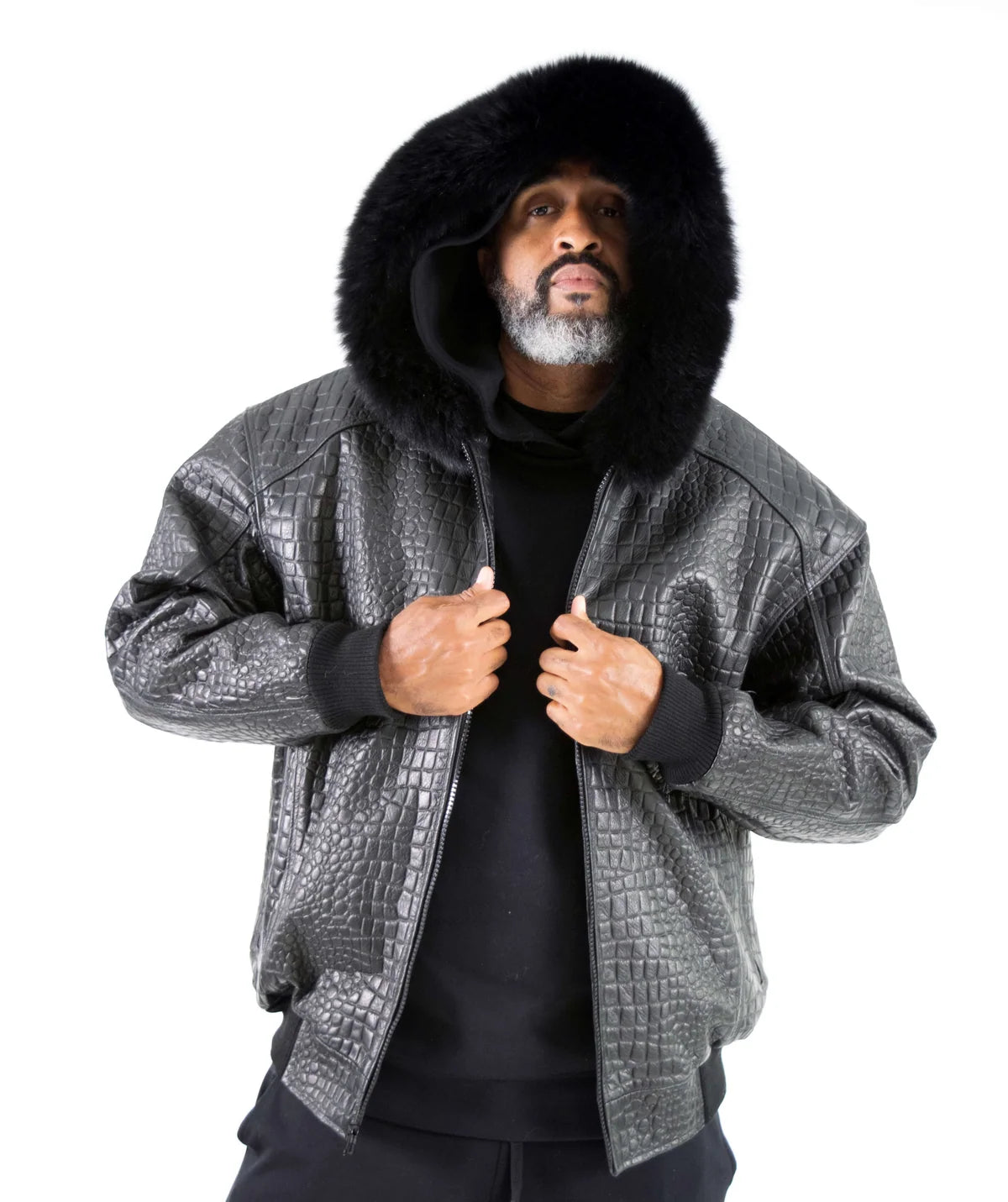 Jakewood 2266H Black Genuine Embossed Leather/Fox Fur Hood Bomber Jacket