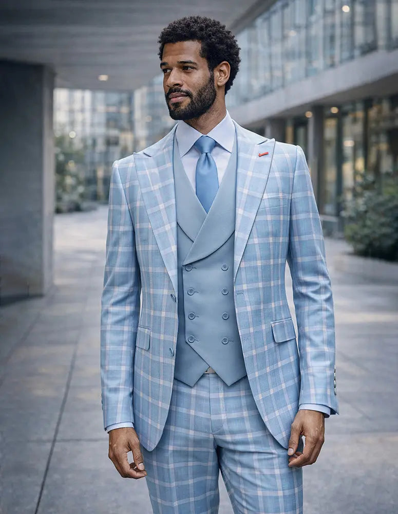 Statement Diego Aqua Super 200's Italian Wool/Cashmere Vested Suit