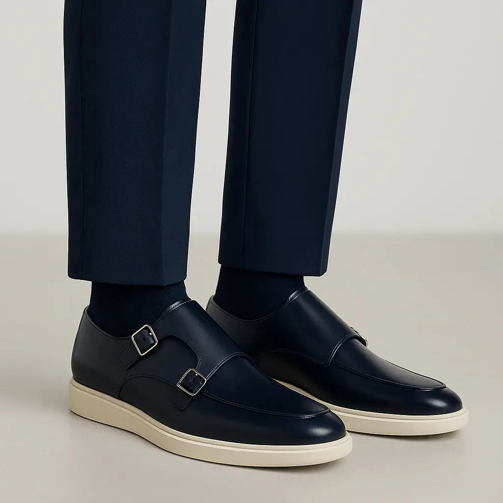 Belvedere Marcio Navy Genuine Nappa Leather Monk Straps Shoes