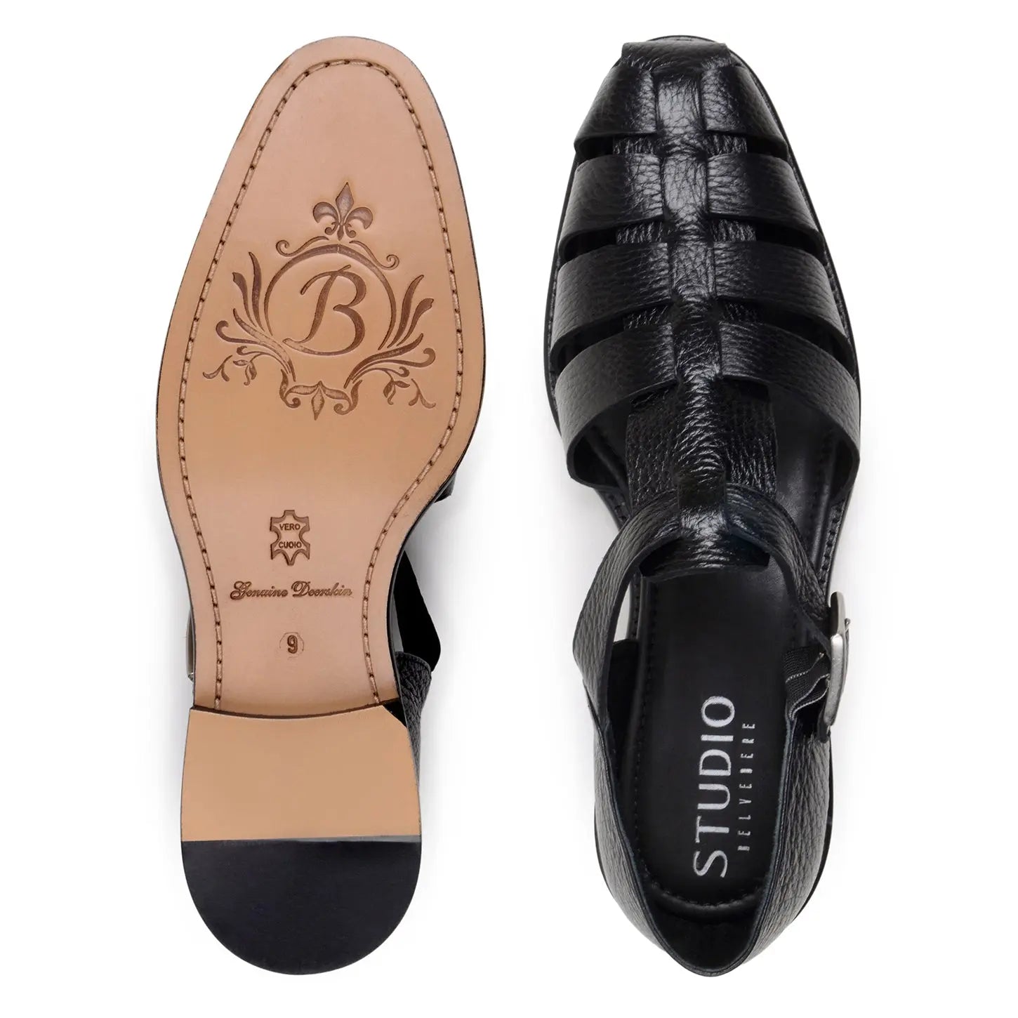 Belvedere Elio Black Genuine Leather Italian Deerskin Sandals