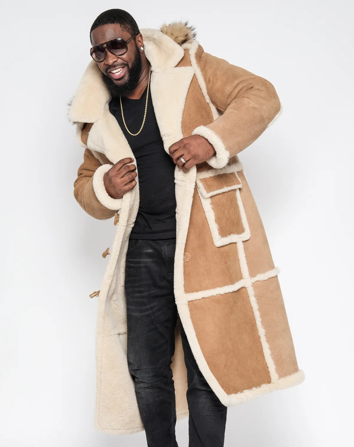 Jakewood 6000H Cognac/Suede Genuine Sheepskin Hooded Trench Coat
