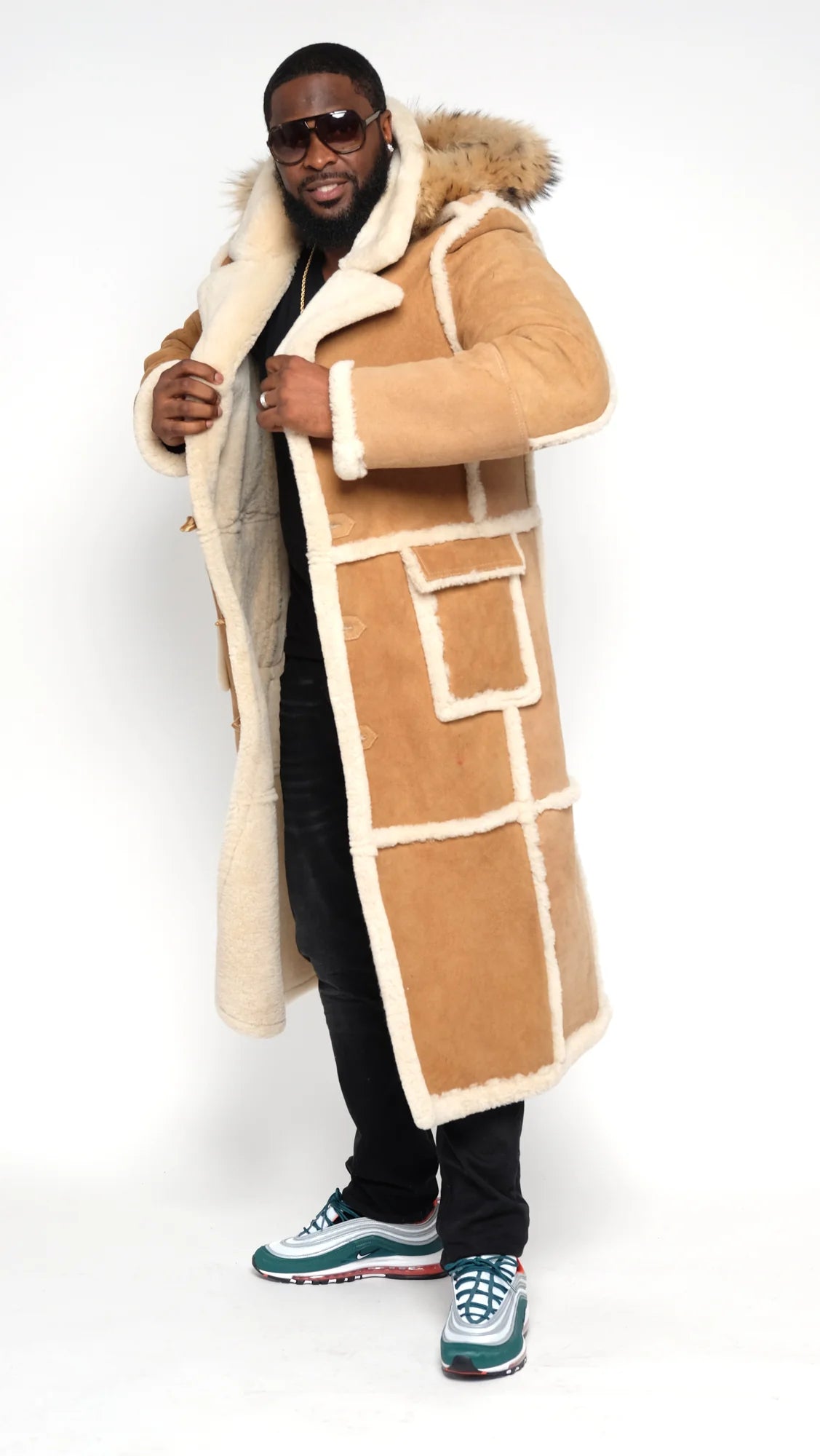 
Jakewood 6000H Cognac/Suede Genuine Sheepskin Hooded Trench Coat
