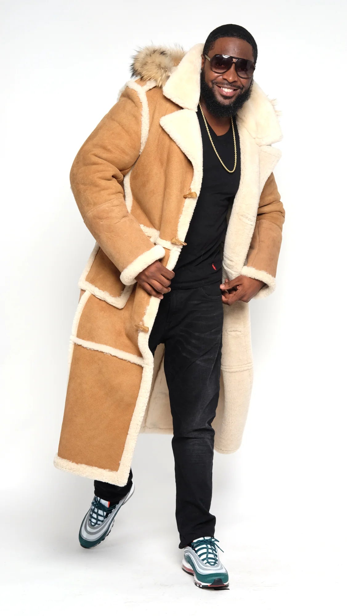 Jakewood 6000H Cognac/Suede Genuine Sheepskin Hooded Trench Coat
