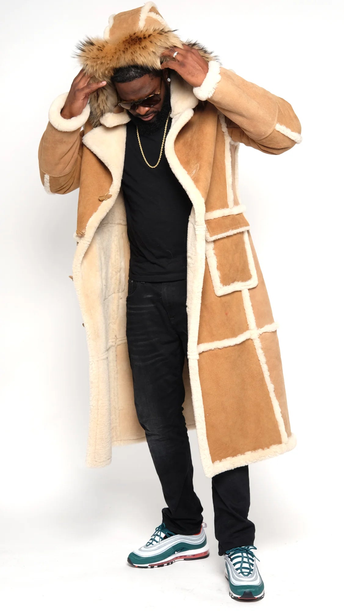 Jakewood 6000H Cognac/Suede Genuine Sheepskin Hooded Trench Coat
