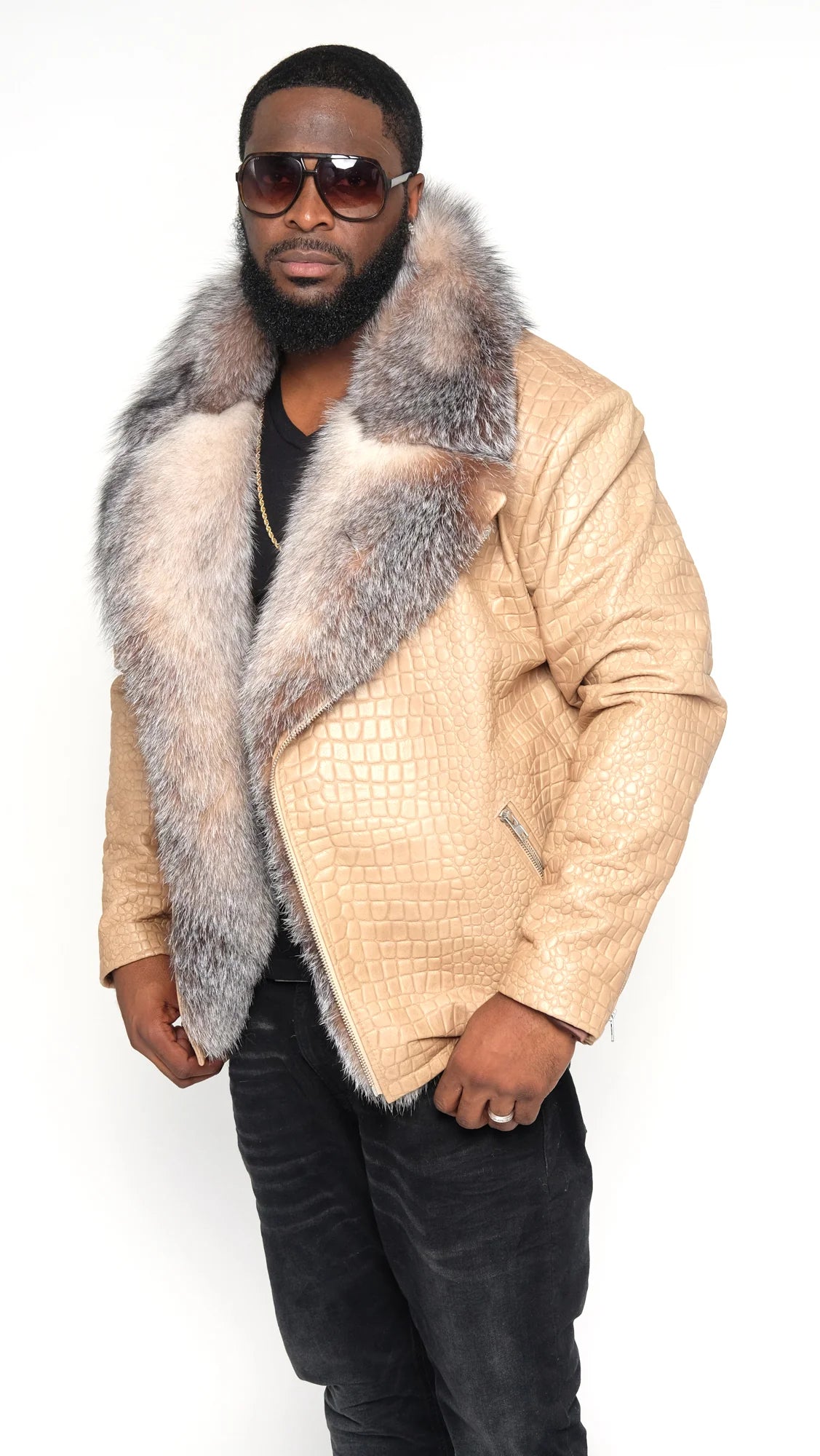 Jakewood 7100 Beige Genuine Embossed Leather/Fox Fur Jacket