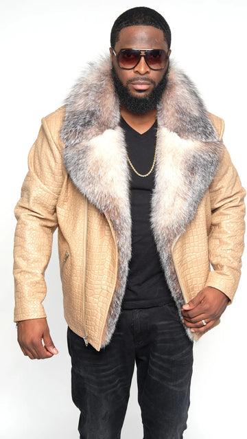 Jakewood 7100 Beige Genuine Embossed Leather/Fox Fur Jacket