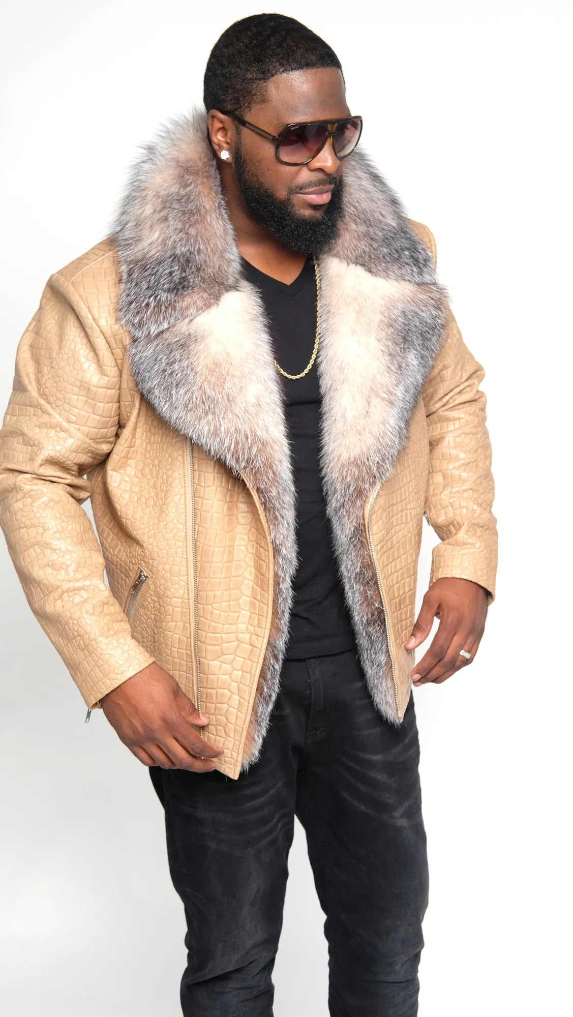 Jakewood 7100 Beige Genuine Embossed Leather/Fox Fur Jacket