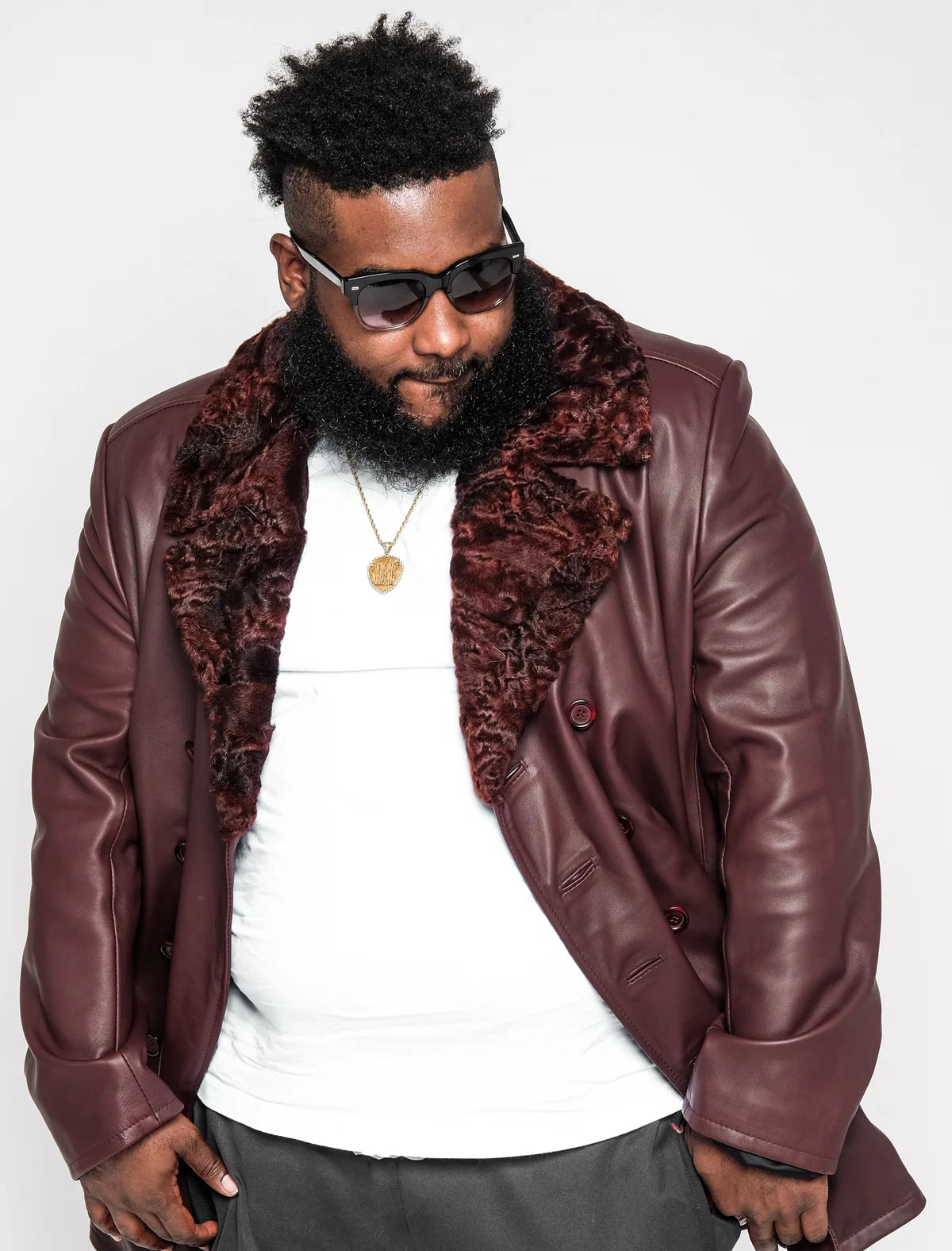 Jakewood 2090 Burgundy Genuine Lambskin/Fur Double-Breasted Peacoat