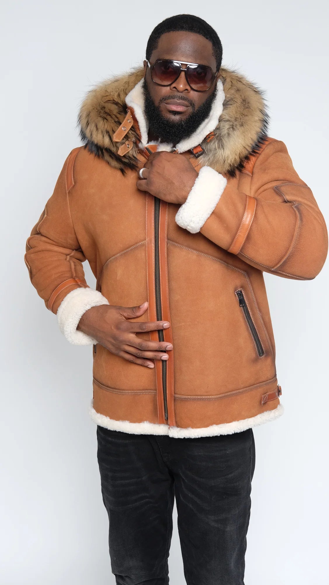 Jakewood 8015 Cognac Genuine Sheepskin/Suede Aviator Jacket