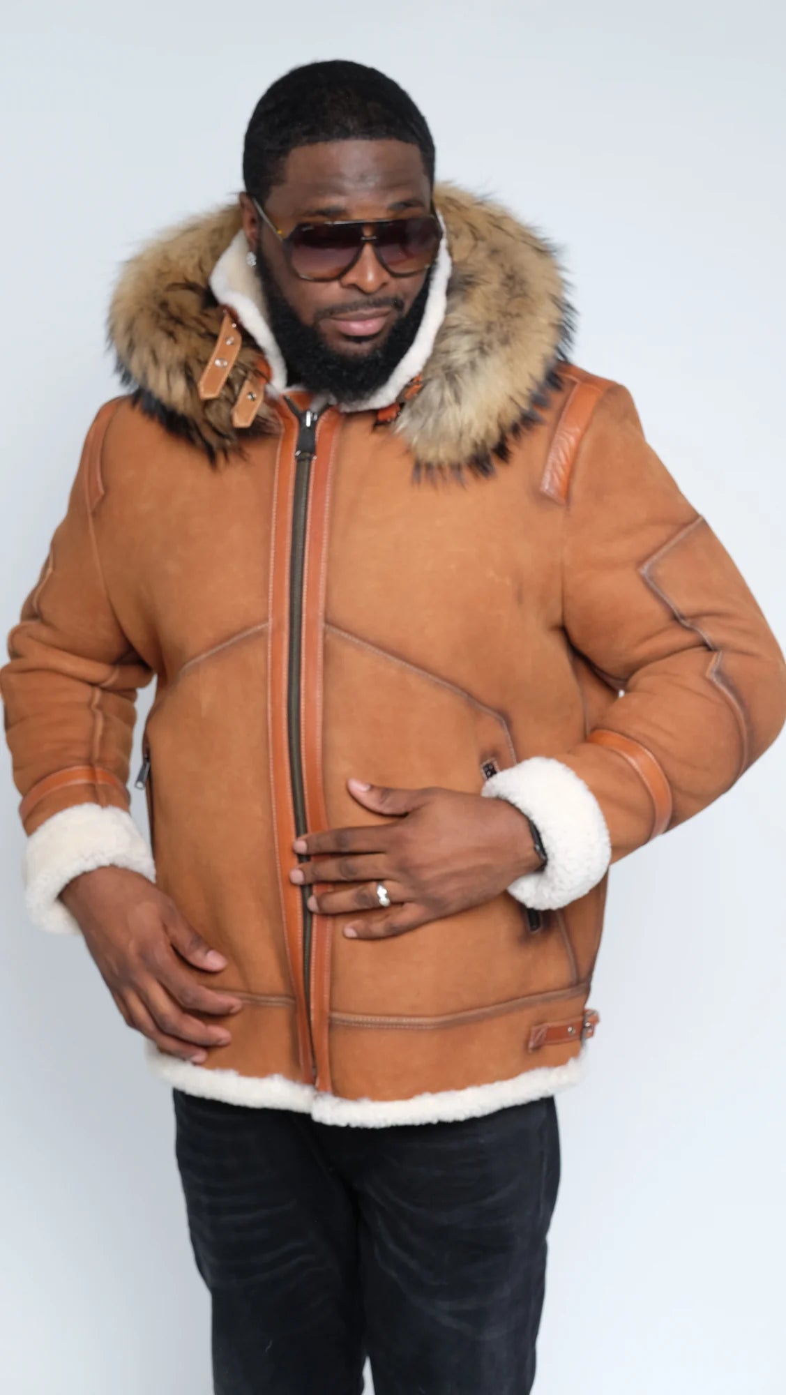 Jakewood 8015 Cognac Genuine Sheepskin/Suede Aviator Jacket