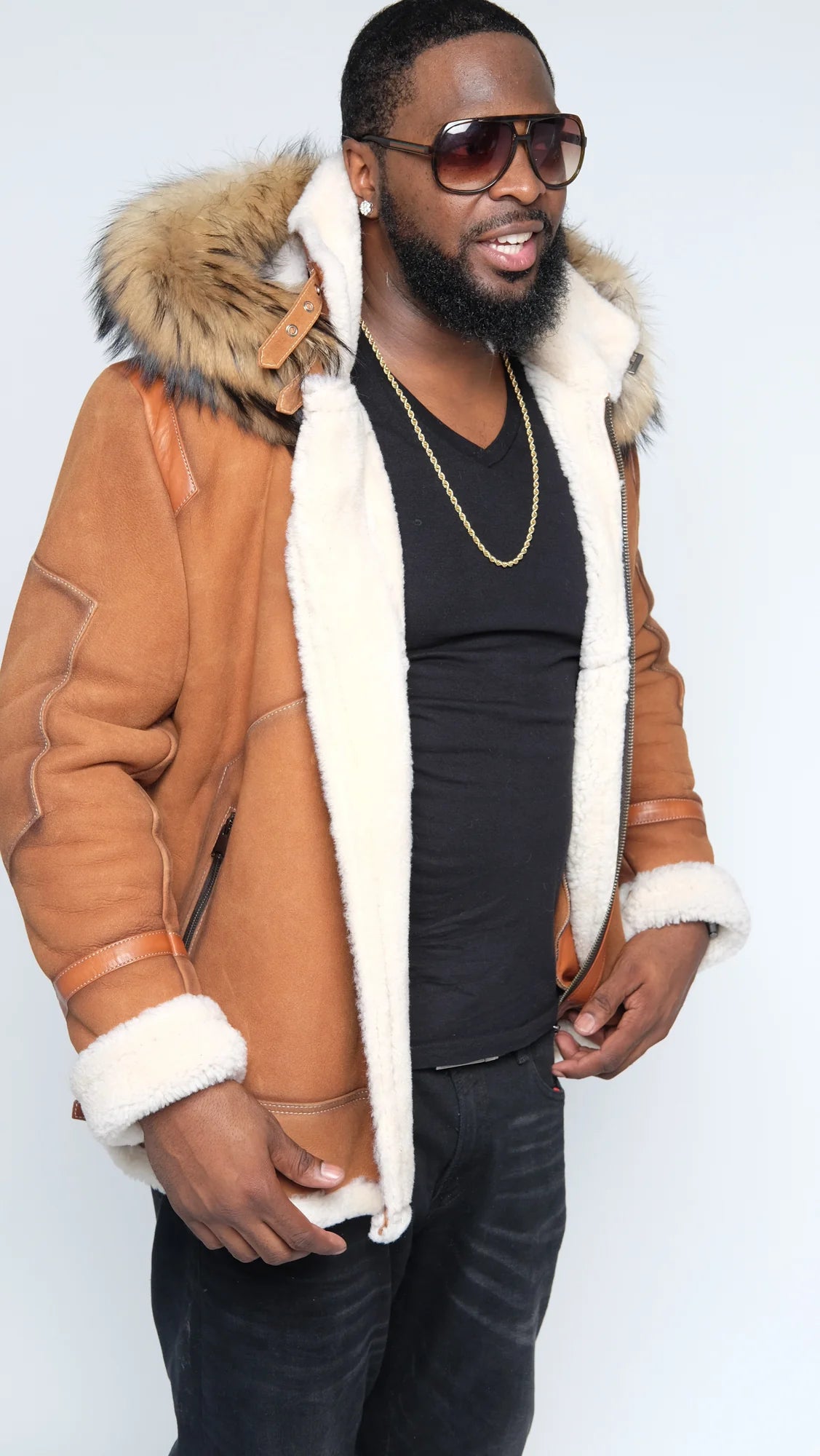 Jakewood 8015 Cognac Genuine Sheepskin/Suede Aviator Jacket