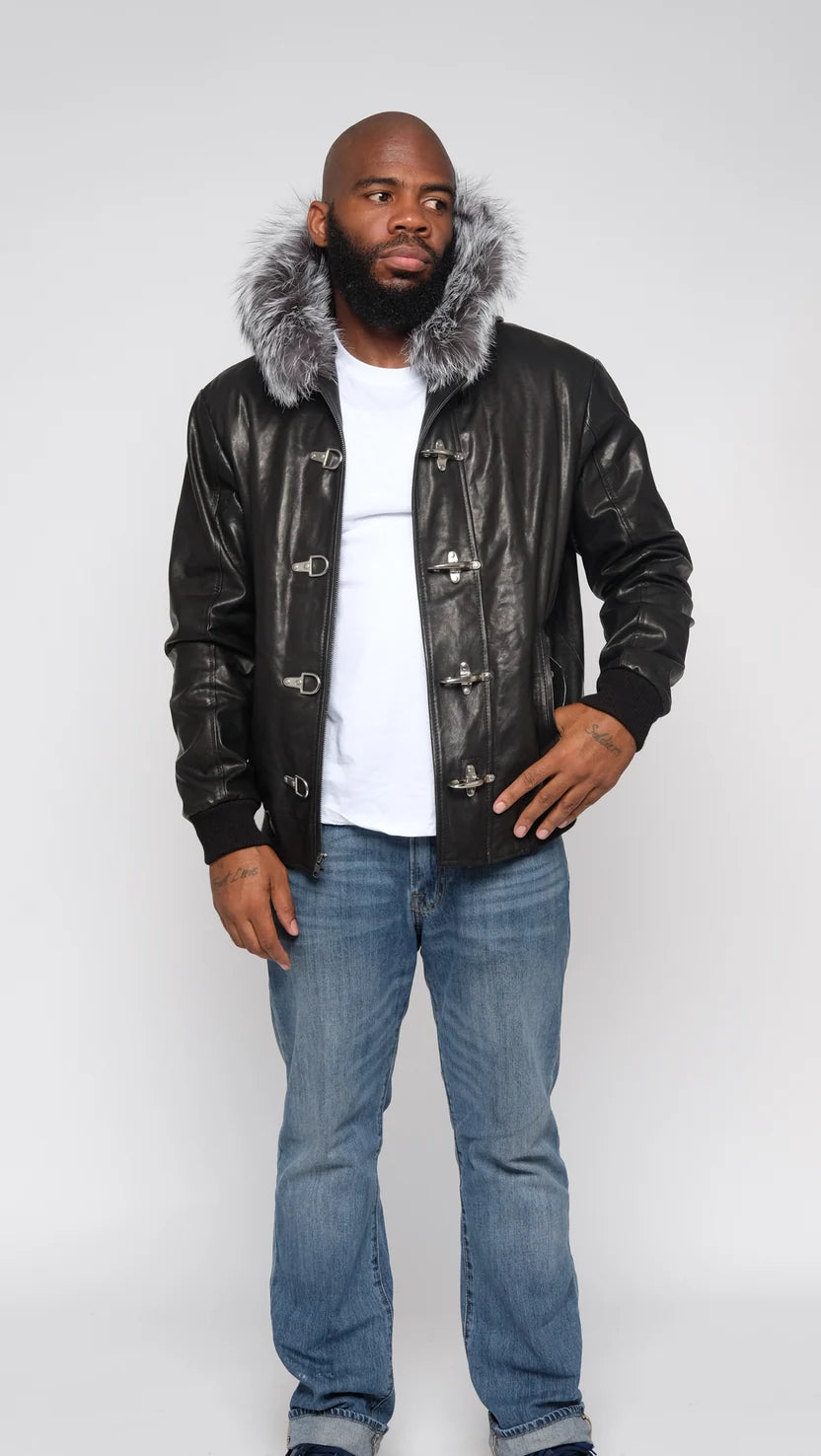 Jakewood 3460 Black/SIlver Genuine Fox Fur/Leather Jacket