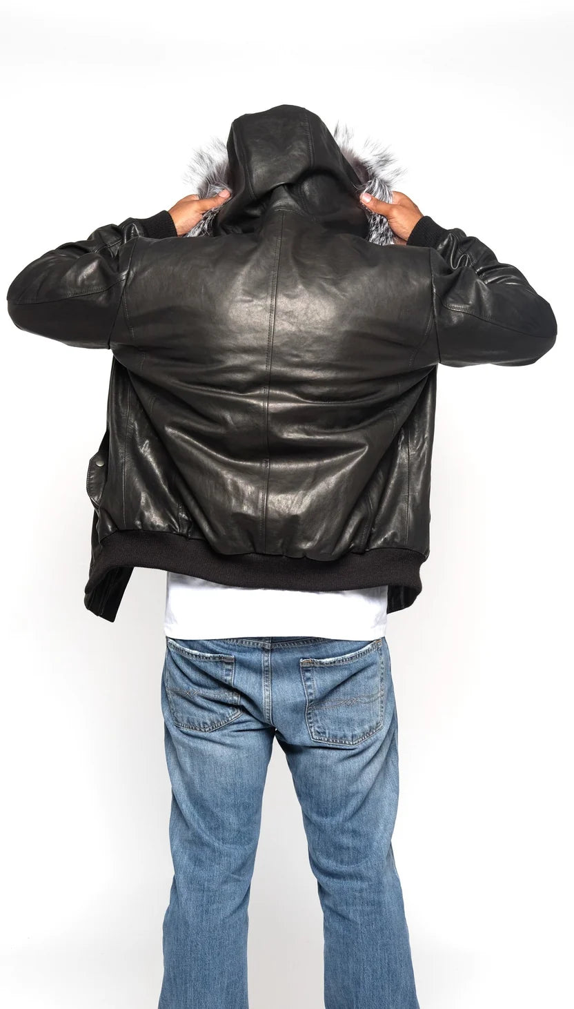 Jakewood 3460 Black/SIlver Genuine Fox Fur/Leather Jacket