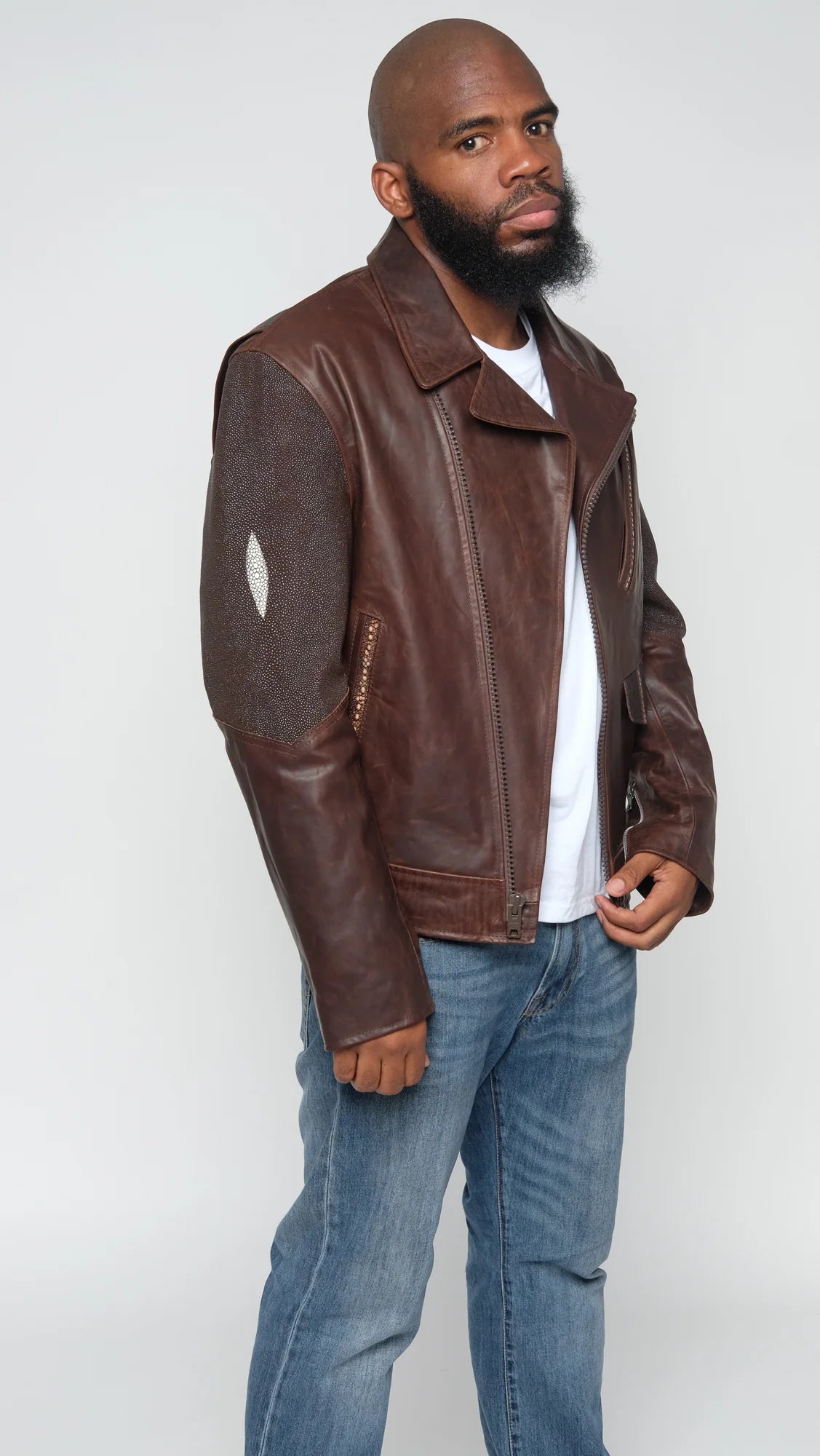 Jakewood 3015 Brown Genuine Stingray/Lambskin Leather Motorcycle Jacket