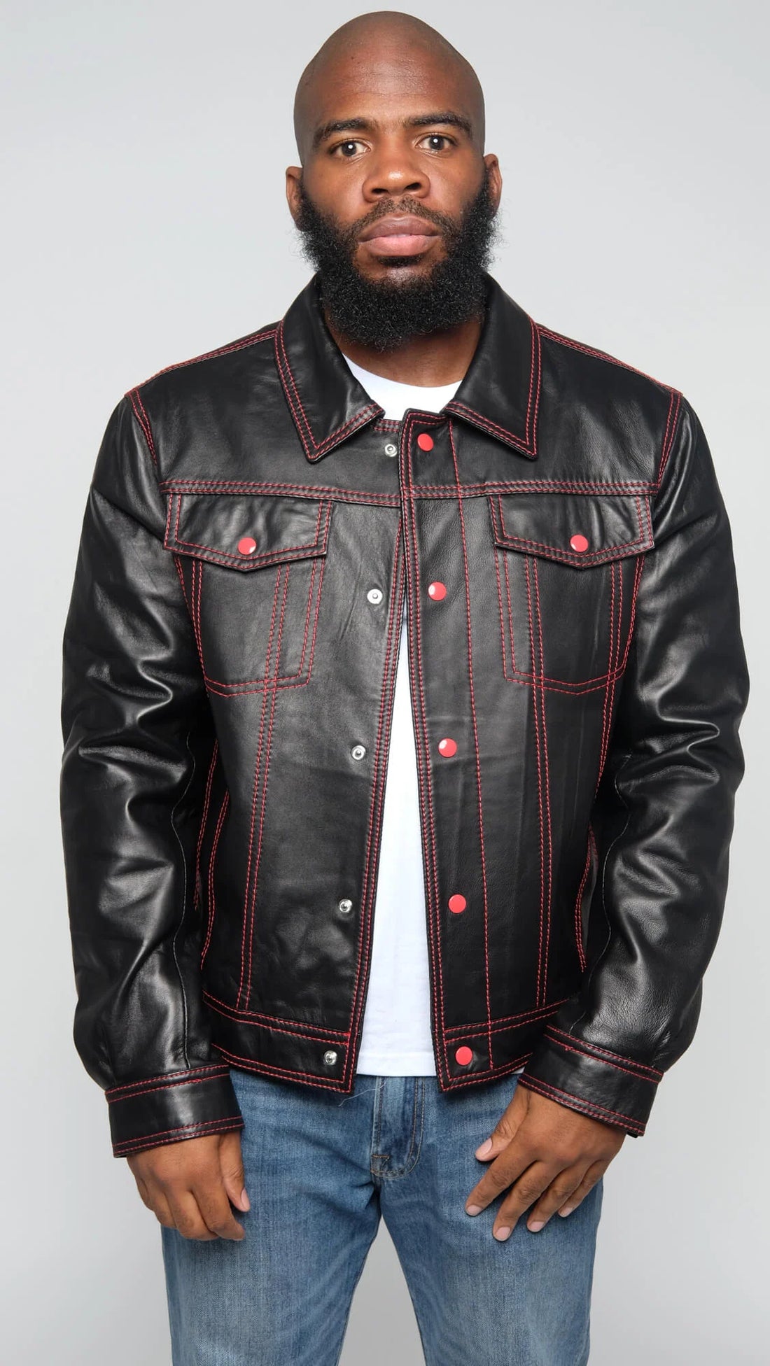 Jakewood 3600 Black/Red Genuine Lambskin Leather Denim Style Jacket