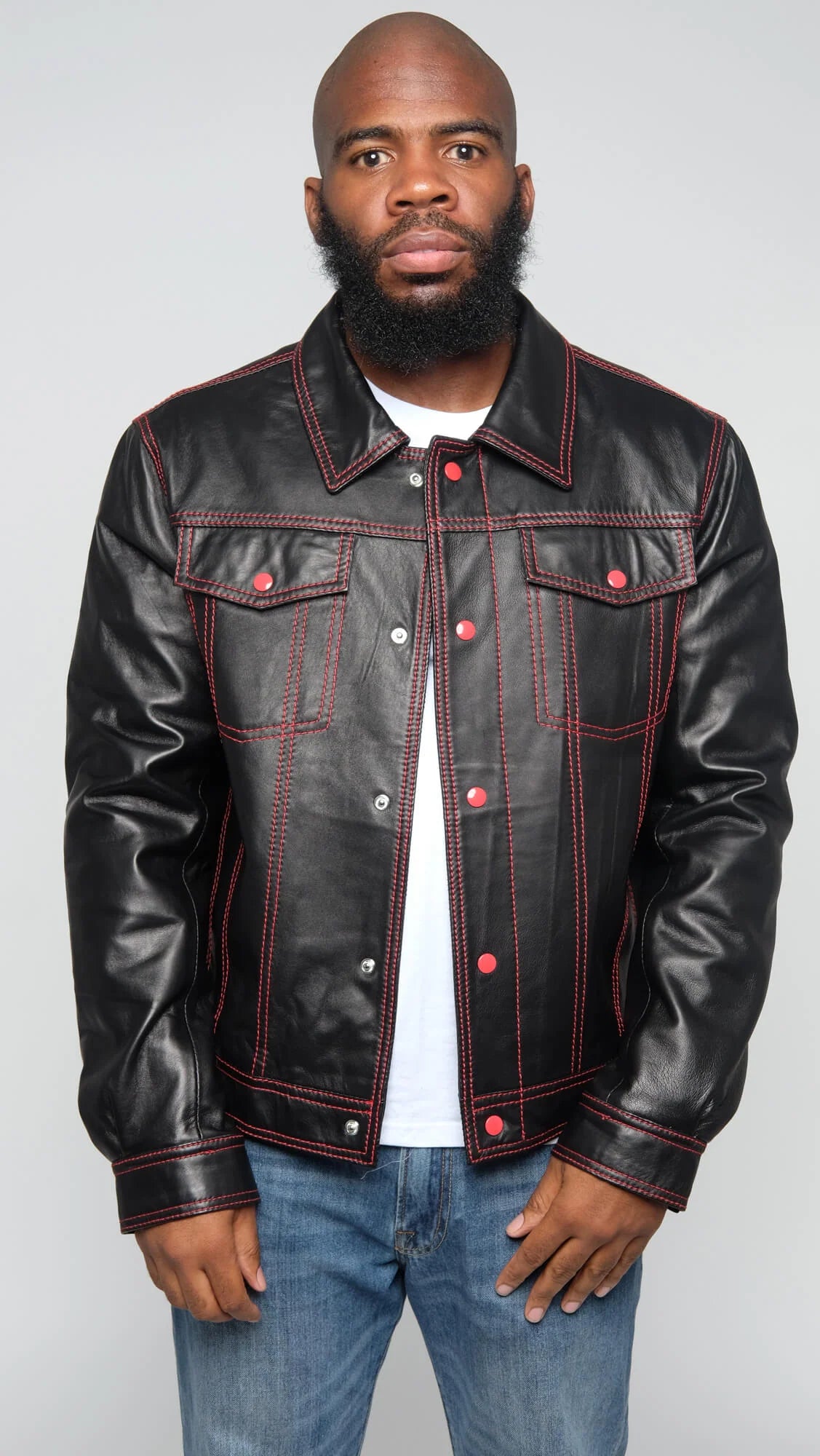 Jakewood 3600 Black/Red Genuine Lambskin Leather Denim Style Jacket