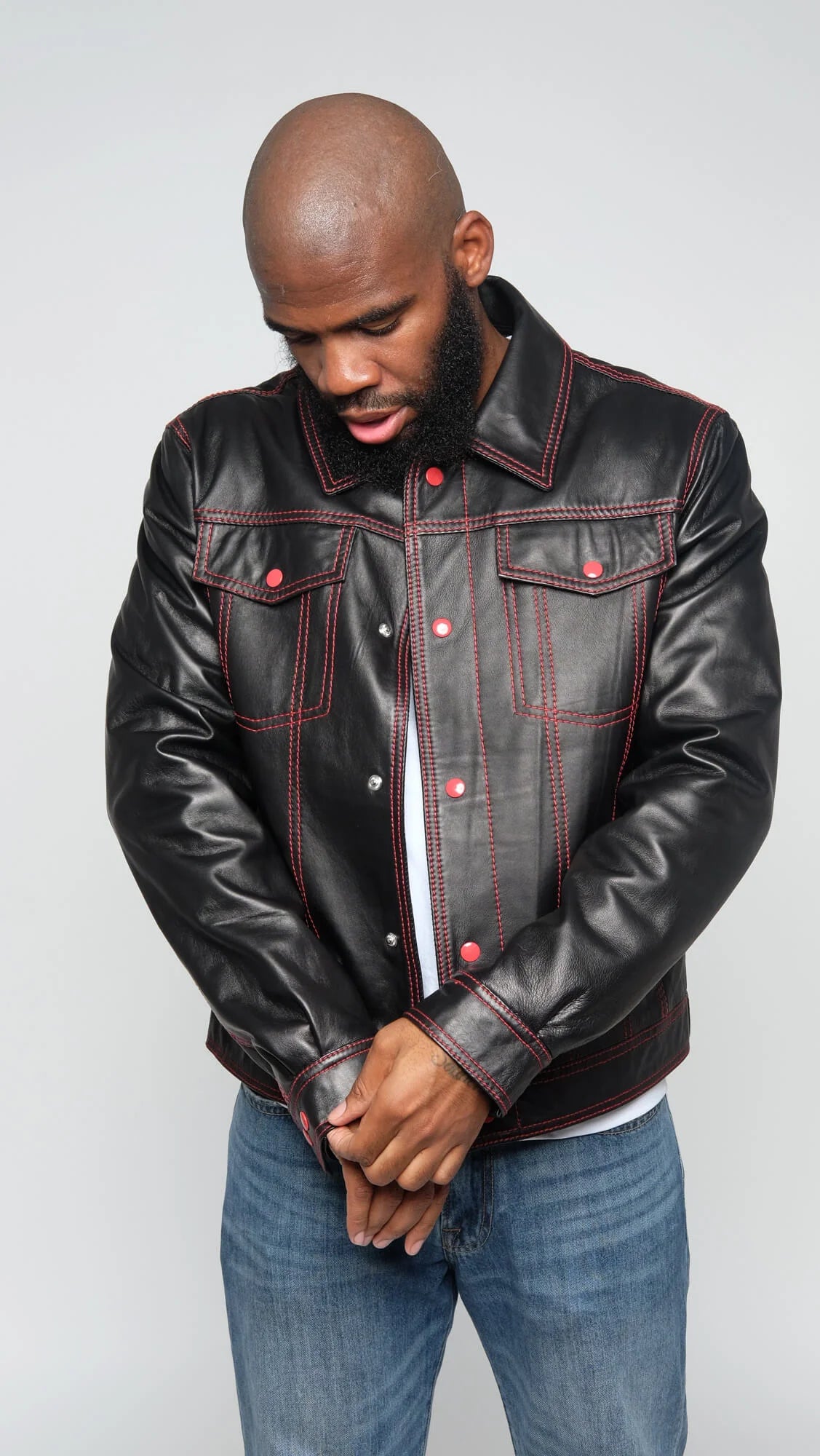 Jakewood 3600 Black/Red Genuine Lambskin Leather Denim Style Jacket
