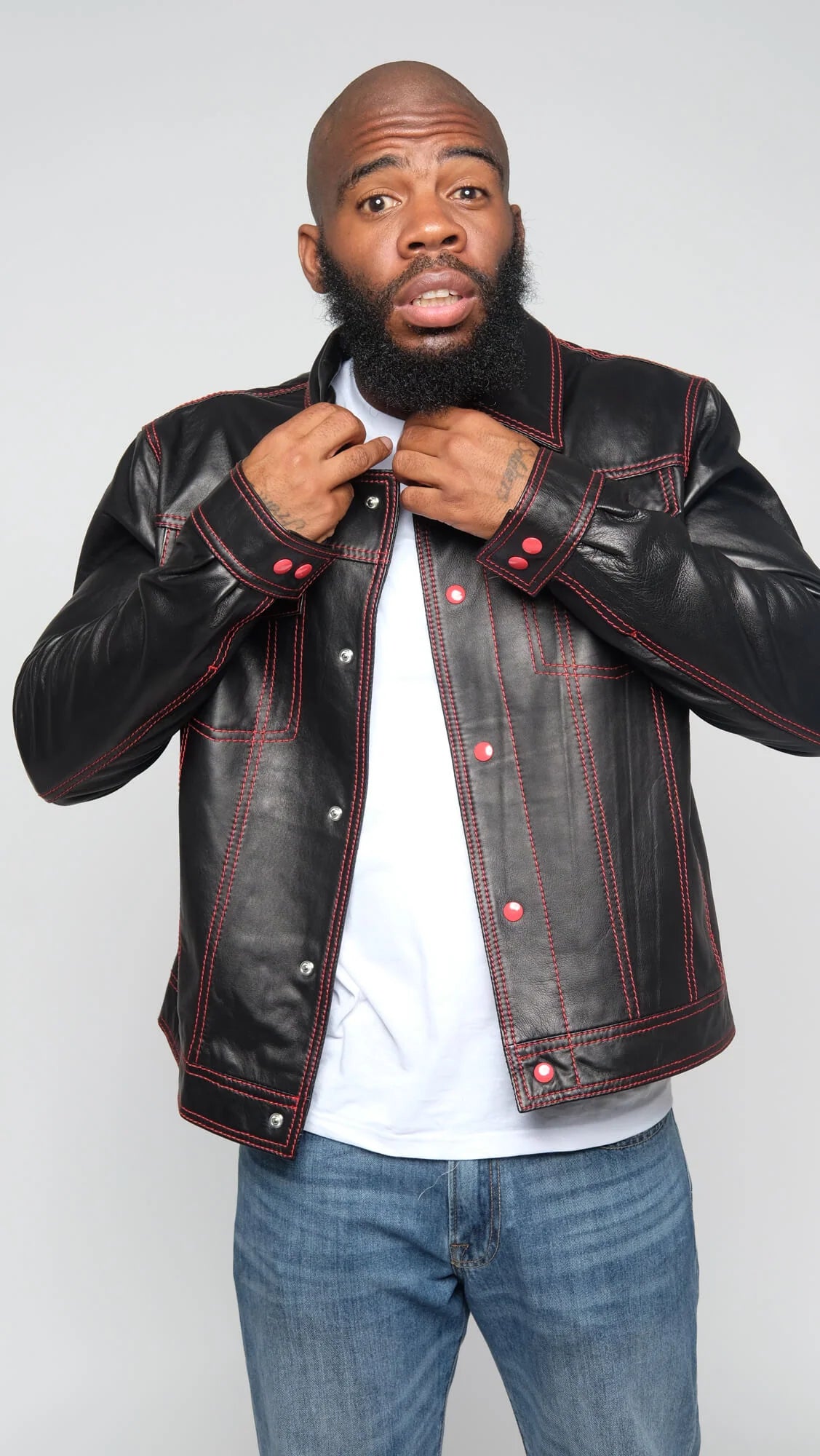 Jakewood 3600 Black/Red Genuine Lambskin Leather Denim Style Jacket